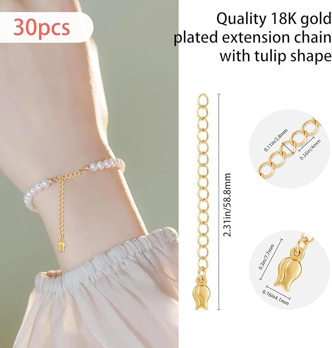 30 Pcs Necklace Extenders,18K Gold Plated Necklace Extender 55 mm,Chain Extender with Tulip Flower Pattern Chain Tabs for Jewelry Making