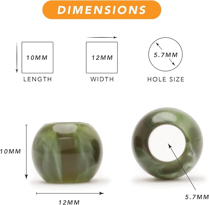 300 acrylic large hole beads for crafts and for hair 10mm x 12mm acrylic barrel beads with 5.7mm large hole in camo, olive green and white marble swirl for men and women