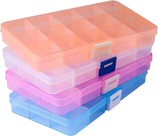 Opret 15 Girds Bead Organizer(4 Pack), Earring Organizer Box, SMALL Plastic Containers with Adjustable Dividers for Crafts Jewelry Screws Fishing Tackles Small Items, Size 6.9×3.9×0.9in