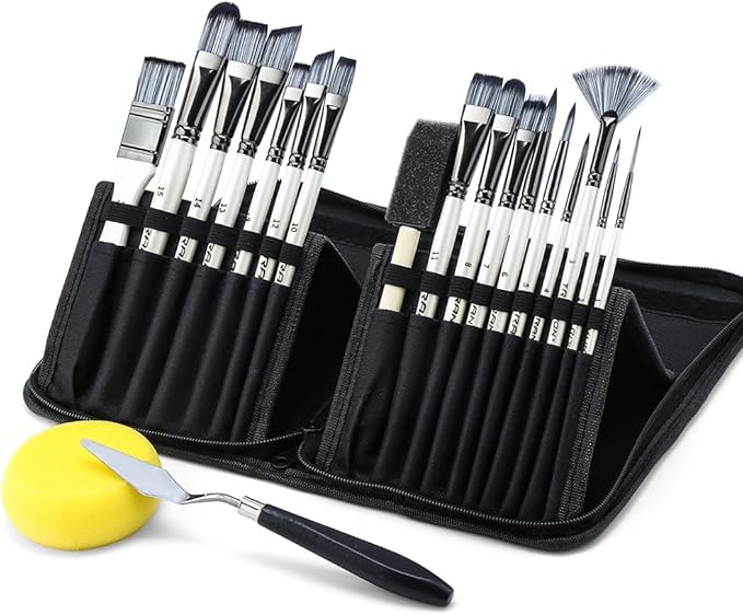 Transon Art Paint Brush Kit 16 Paint Brushes with Foam Brush Sponge Spatula and Art Case for Oil, Acrylic, Watercolor, Gouache, Painting