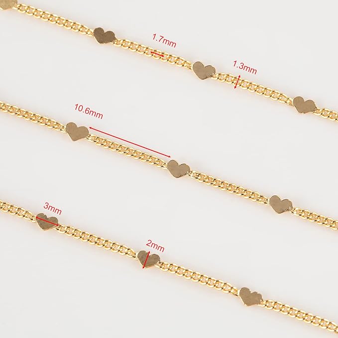 YOUBEIYEE 10 Meters Light Gold Chains for Jewelry Making, 18k Gold Plated Brass Flat Heart Curb Link Chain Women Necklace Bracelet DIY Jewelry Chains Bulk