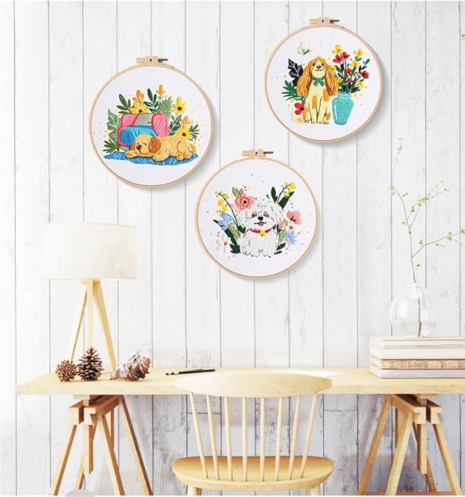 konrisa 3 pcs dog flower embroidery kits for beginners, needlepoint cross stitch kits with pattern, diy sewing practice kit, include 1pcs hoop