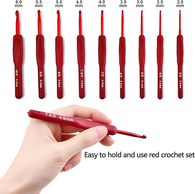 9 Sizes Crochet Hook Set,2mm-6mm Aluminum Crochet Kit for Beginners,Yarn Ergonomic Crochet Needles with Soft Grips for Arthritic Hands,Crochet Set with Small Tools,Ideal Crocheting Supplies,Red