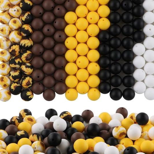 150Pcs Mixed Color 15mm Silicone Beads for Keychain Making, Chocolate Yellow Flower Print Silicone Beads for Pens and Bracelet Jewelry Making