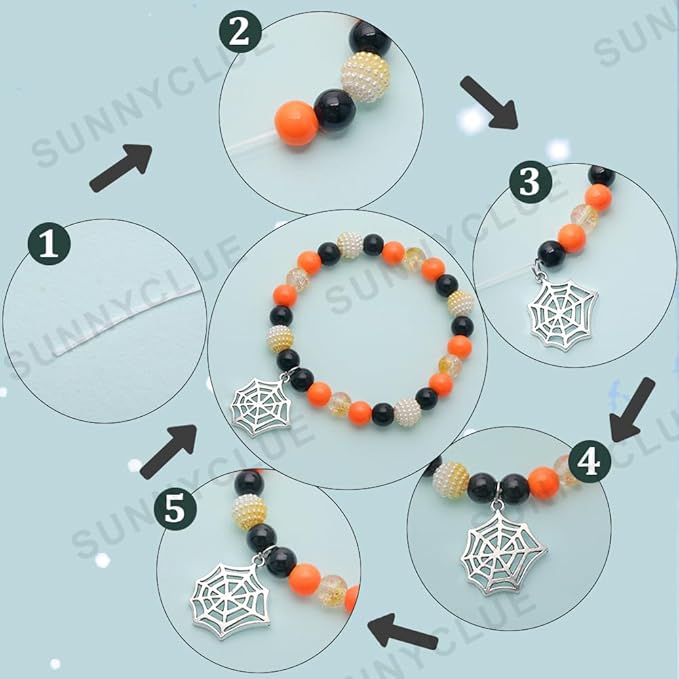 SUNNYCLUE 1 Box 6Pcs Halloween Bracelet Making Kit Tibetan Style Spider Charms Witch Hat Charm Pumpkin Skull Charms Black Purple Orange Round Glass Beads for Jewelry Making Kits Beading Supplies