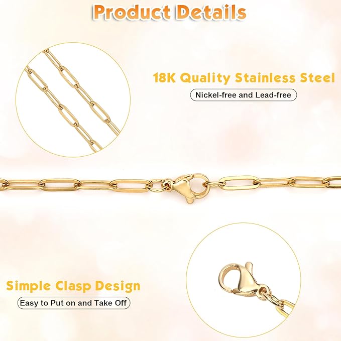 43ft Gold Chain for Jewelry Making 18k Gold Plated Stainless Steel Paperclip Chain Roll for Charm Bracelet Necklace Jewelry DIY Craft Accessories with 10 Pcs Lobster Clasps and 30 Pcs Jump Rings