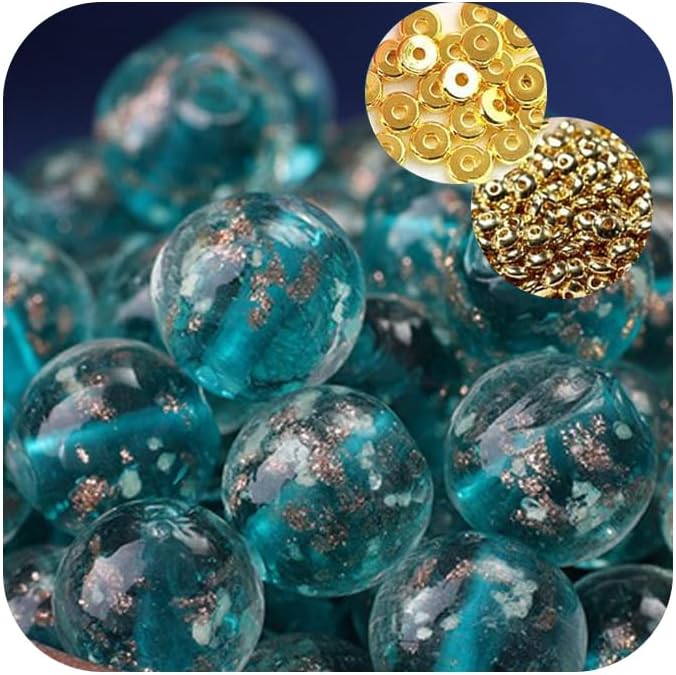 8mm 200pcs Glow in The Dark Glass Beads with Holes for Jewelry Making Bracelets Earrings Necklace Bulk Lampwork Solar Unique DIY Crafts Gold Spacer Beads Kit(100pcs Beads+100pcs Spacer)
