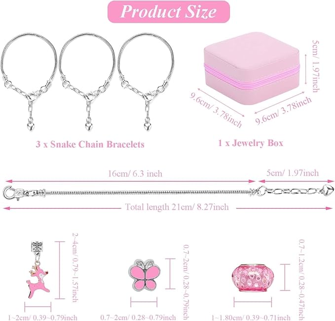 ONADEBY Charm Bracelet Making Kit - Pink DIY Jewelry Making Kit for Girls, Friendship Bracelet Kit with Portable Jewelry Box Bag Packing for Birthday Christmas New Years Easter Valentine Craft Gifts