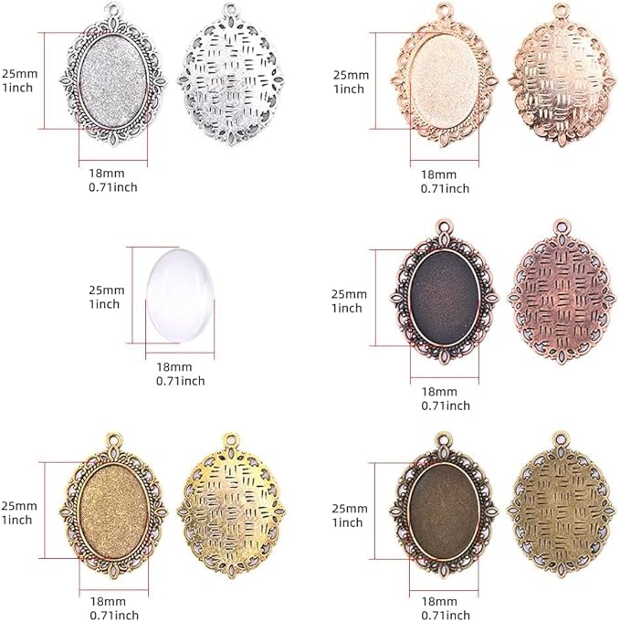 Swpeet 60 Pcs Pendant Trays Kit, Including 30 Pieces 5 Colors Pendant Trays Oval Bezels with 30 Pieces Glass Dome Tiles for Crafting DIY Jewelry Making