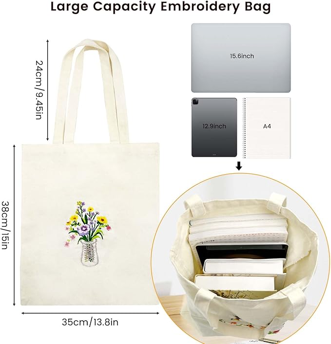 SNAIL GARDEN Double-Sided Embroidery Tote Bag Kit for Beginners, Reversible Floral and Bee & Vase Design, Complete Cross Stitch Supplies Included for Adults & Women