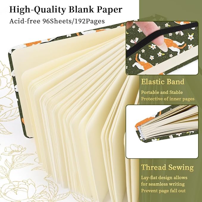 Square 4.8x4.8 inches 80gsm 96sheets/192 Pages Notebooks Blank Sketchbooks Travel Journal Pocket Hardcover Paint Writing Diary Memo Planner Cloth Cover. Lying Cat