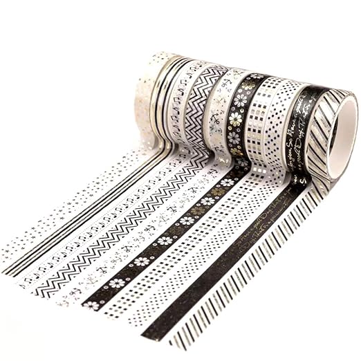 YUBBAEX 10 Rolls Sparkling Washi Tape Set 8mm Skinny Gold Foil Decorative Masking Washi Tapes for Journal,Scrapbook, Planner, DIY Crafts (Black & White)