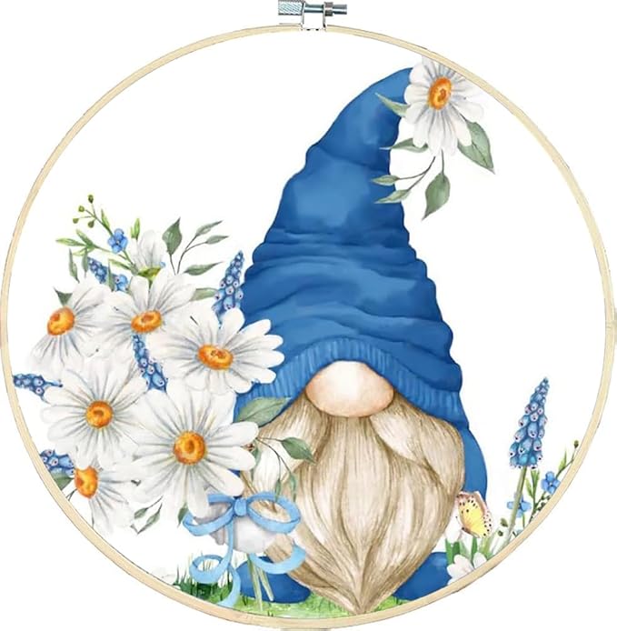 Stamped Cross Stitch Kits for Adults with Frame - Gnome Flower Embroidery Kits for Beginners Adults,11 CT Patterns Dimensions Counted Cross Stitch Kits Arts Craft Kits,for Gift and Home Decor 8x8inch