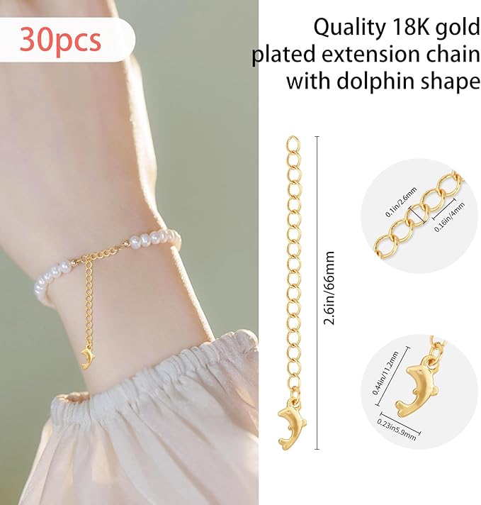 30 Pcs Necklace Extenders,18K Gold Plated Necklace Extender 55 mm,Chain Extender with Dolphin Pattern Chain Tabs for Jewelry Making