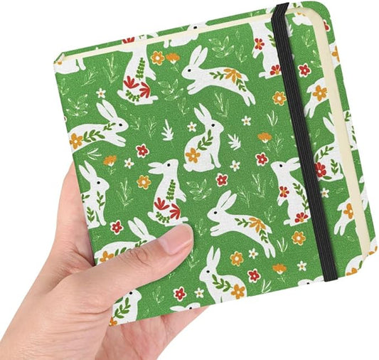 Square 4.8x4.8 inches 80gsm 96sheets/192 Pages Notebooks Blank Sketchbooks Travel Journal Pocket Hardcover Paint Writing Diary Memo Planner Cloth Cover. Green Rabbit