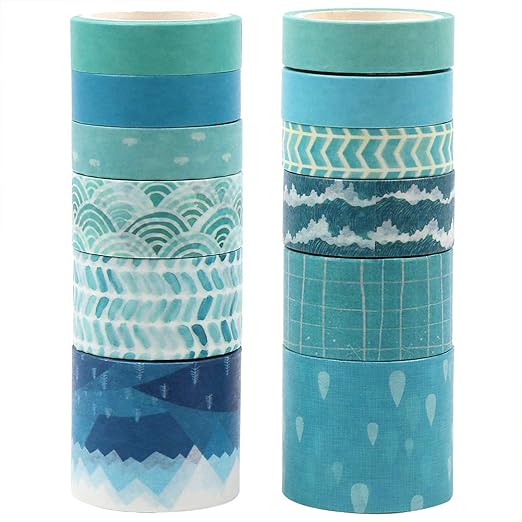 CCINEE 12 Rolls Washi Tape Set,Blue Decorative Masking Tape Assortment for Planner Bullet Journal Scrapbooking Craft Supply