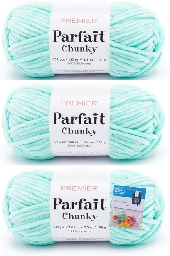Premier Yarns Parfait Chunky Chenille Yarn 3.5 Oz 6 Super Bulky Weight 3 Pack Bundle with Bella's Stitch Place Holders (Seaglass)