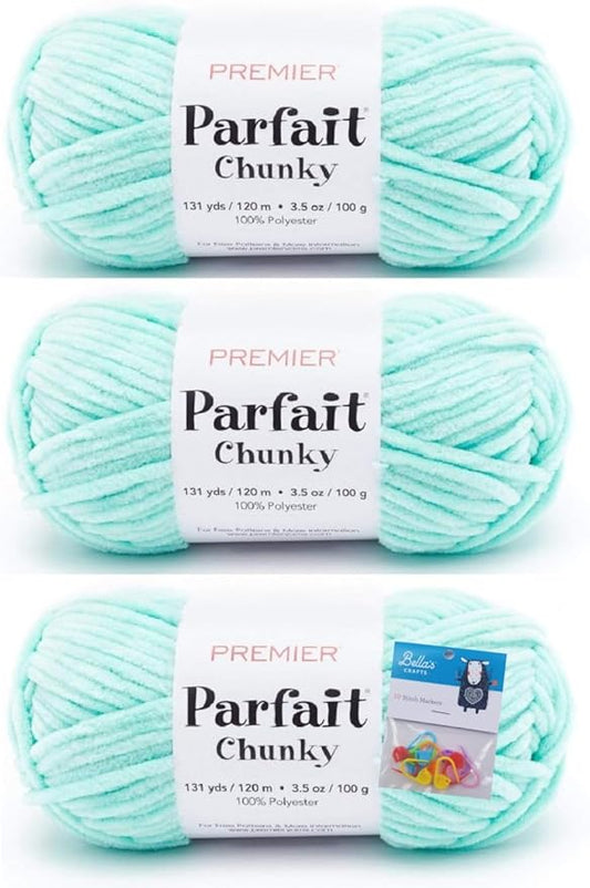 Premier Yarns Parfait Chunky Chenille Yarn 3.5 Oz 6 Super Bulky Weight 3 Pack Bundle with Bella's Stitch Place Holders (Seaglass)