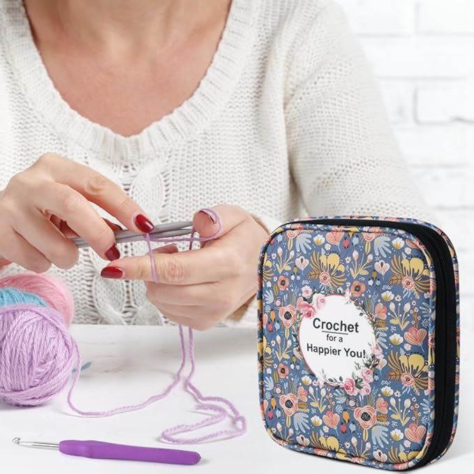 Crochet Hook Case,Portable Zipper Storage Organizer Bag for Crochet Hooks, Knitting Needles, Project & Sewing Supplies, Lightweight,Easy to Hold (No Accessories Included).Blue Cartoon Flower