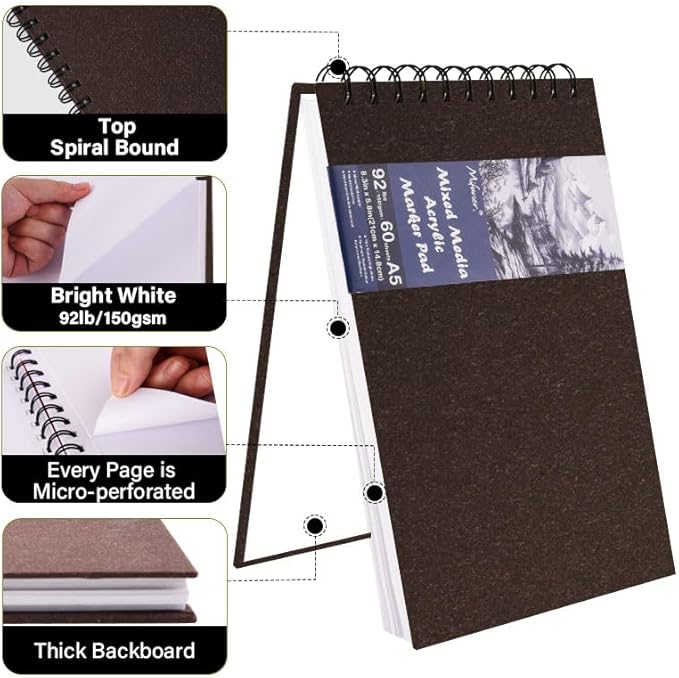 5.8" x 8.3" Mixed Media Sketch Book,Spiral Bound Hardcover Sketchbook,60 Sheets 92lb/150gsm Neutral White Acid Free Paper,Art Journal Sketchbook for Drawing Writing Sketching Illustration,Dark Coffee
