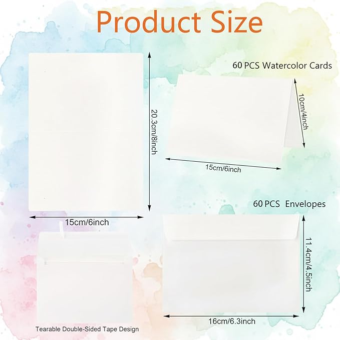 60 Set Watercolor Cards with Envelopes, 140lb/300GSM Cotton Heavyweight Watercolor Paper Cards, 4x6 Inch Foldable Blank Watercolor Postcards and Envelopes DIY Greeting Cards for Wedding Birthday