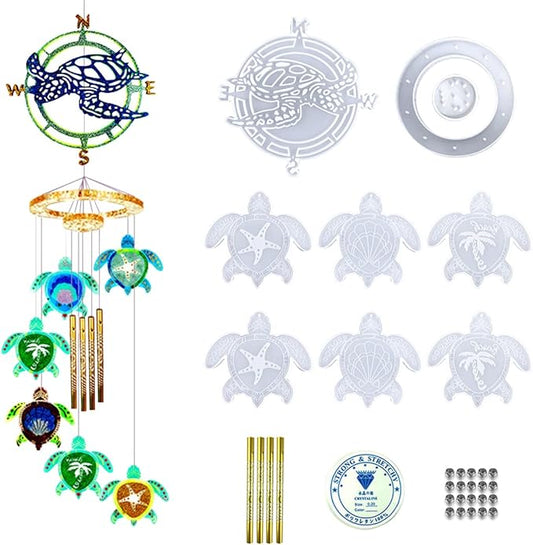 33Pcs Wind Chimes Epoxy Resin Molds Kit Turtle Shape Wind Bell Silicone Mold Tortoise Coaster Mould Wall Hanging Casting Moulds for Home Decorations (Wind Chime Mould)
