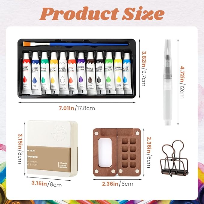 Mini Watercolor Paint Palette Set,Travel Watercolor Kit- 12 Color Paint with 8-Wooden Grid Palette,Mini Sketchbook & Brushes,Paint Palette Travel Kit for Students, Beginners