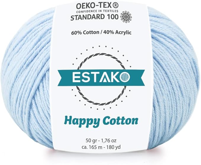 Estako Happy Cotton, 60% Cotton 40% Acrylic Yarn, Soft, Fine/Sport (2) for Crochet and Knitting 1.76 Oz (50g) / 180 Yrds (165m) (4220 - Baby Blue)
