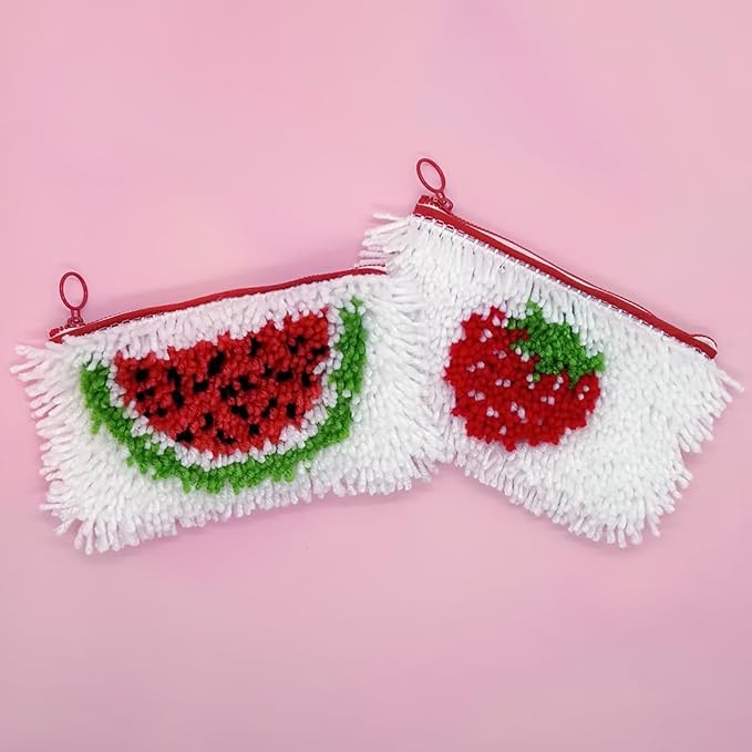 veirousa Strawberry & Watermelon Latch Hook Pencil Case Kit for Adults Beginners, Flully Fruit DIY Craft Pencil Pouch for Girls Boys 2 Pack Set