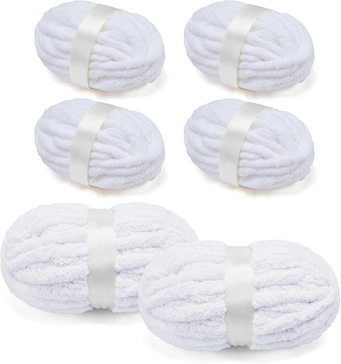 Chunky Chenille Yarn for Crocheting/Arm Knitting, Super Soft Jumbo Knit Blanket Yarn White 6 Pack (32 yds, 8.5 oz Each Pack)