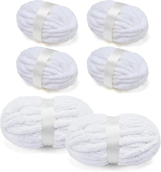 Chunky Chenille Yarn for Crocheting/Arm Knitting, Super Soft Jumbo Knit Blanket Yarn White 6 Pack (32 yds, 8.5 oz Each Pack)