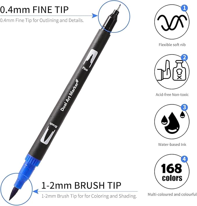 Dual Tip Markers, Brush Art Markers Set with Fine Tip and Brush Tip for Adult Coloring Book, Hand Lettering, Calligraphy & Drawing, Professional Art Supplies Kit for Adults (168 Colors)