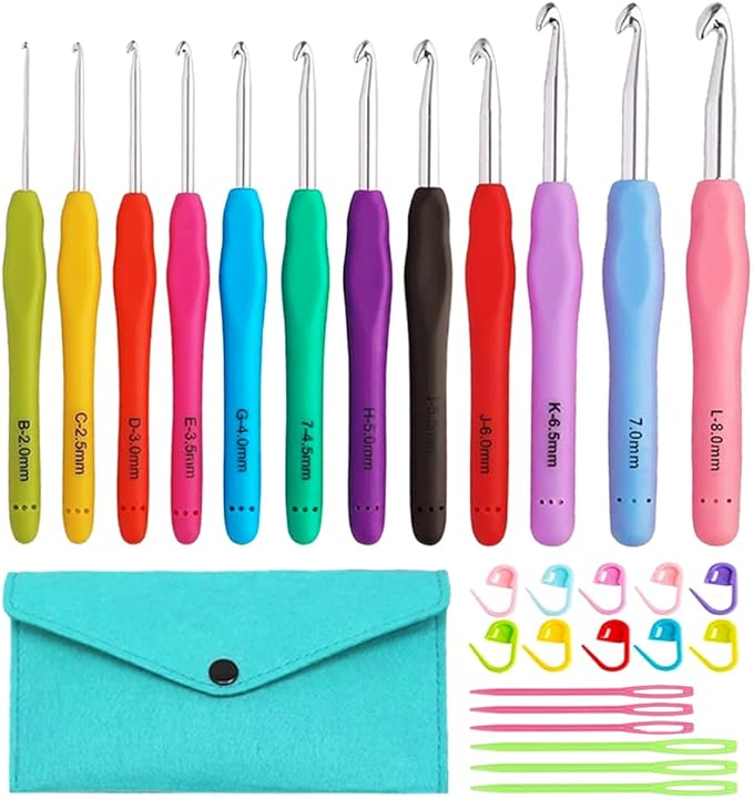 yarniss 12 size crochet hooks 2.0mm~8.0mm, ergonomic crochet hooks set with case, crochet needle tools for beginner