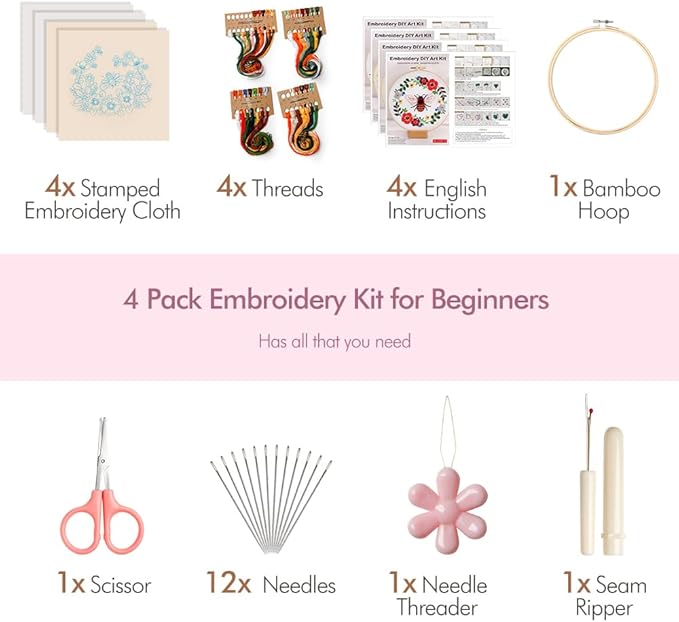 wtisan embroidery kit for adults, 4 sets cross stitch kits for adults with stamped flower pattern and easy instruction, embroidery kits with embroidery hoop and color threads