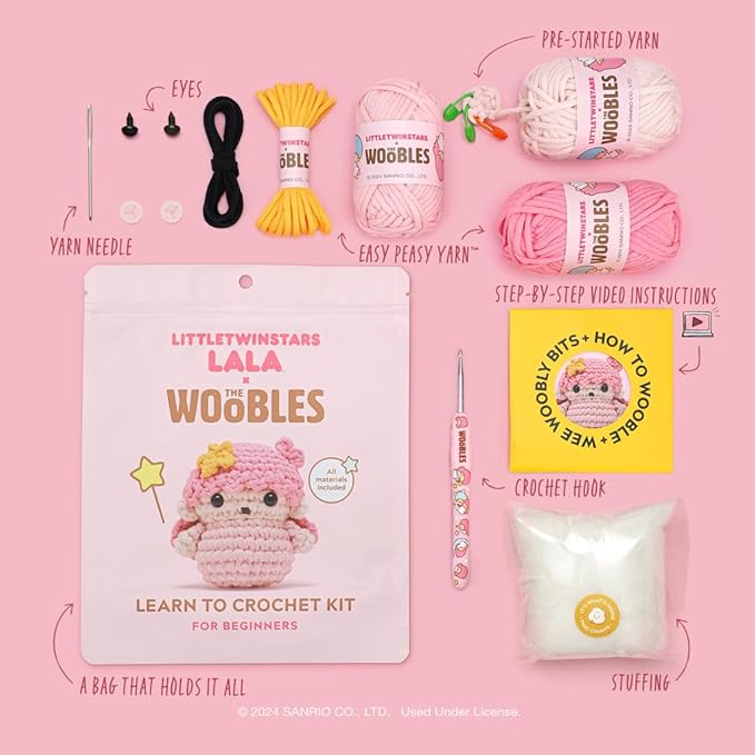 The Woobles Hello Kitty Crochet Kit - Beginners Wooble Crochet Animal Kit Crafts with Easy Peasy Yarn as seen on Shark Tank - with Step-by-Step Video Tutorials (LittleTwinStars - Lala)