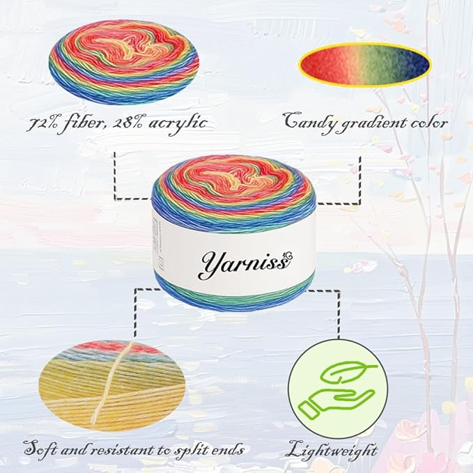 Yarniss Crochet Cake Yarn for Knitting, Gradient-Colored Ombre Yarn for Blanket&Shawl, Rainbow Cotton Yarn 2x150g