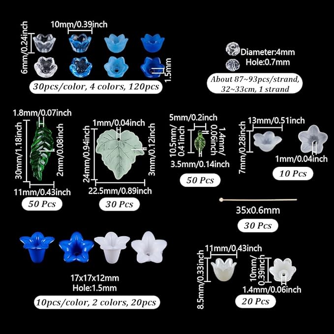 NBEADS 417 Pcs Acrylic Assorted Beads Kit, Tulip Flower Beads Caps Trumpet Flower Leaf Acrylic Pendants Leaf Loose Beads Earring Making Kit with Faceted Glass Beads Brass Ball Pins for Jewelry Making