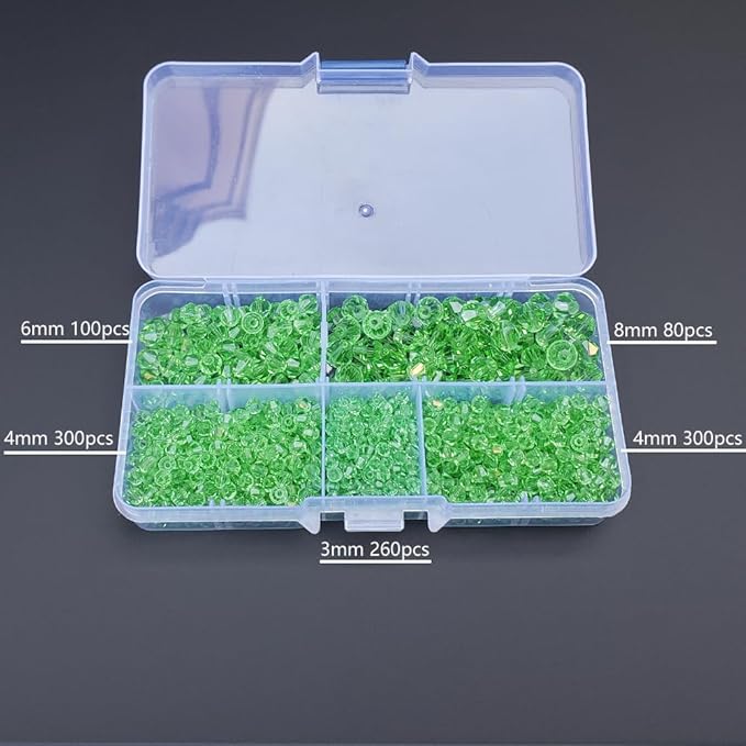 Peridot Bicone Glass Beads for Jewelry Making, Faceted Crytal Spacer Beads for Bracelet Necklace Earring (3mm 4mm 6mm 8mm Mixed Sizes, 1040pcs)