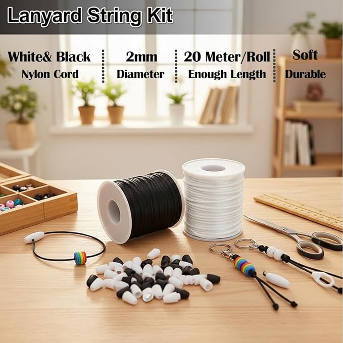 Ewparts Breakaway Clasp Black and White 30 Pcs with 2 Rolls Lanyard String Kit Safety Breakaway Clasps Beads Barrel Connectors for Lanyards with 2mm Nylon Cord for Necklace,Jewellry, id Badges,Keys