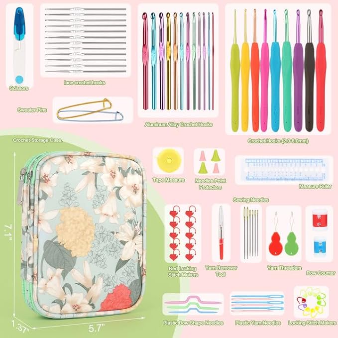 Katech 85 pcs Crochet Hooks Kit Knitting Accessories with Crochet Case, Small Sizes Crochet Hooks for Knitting Lace Yarn, Colorful Ergonomic Crochet Needles Set for Making Sweater, Bag and Hat (Green)