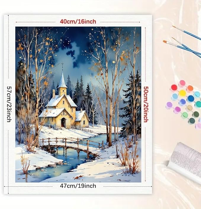 Winter Landscape Paint by Numbers Kit for Adults - DIY Snowy Church and Bridge Painting on Rolled Canvas 16x20In, Acrylic Paint Set, Suitable for Beginners, Art for Home Decoration or Gifts