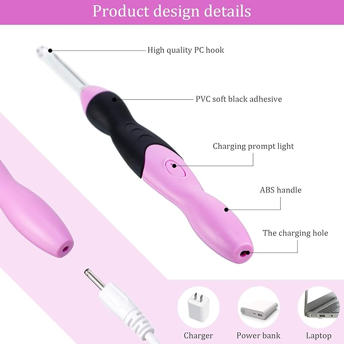 Chuangdi 11 Sizes Lighted Crochet Hooks Set Rechargeable Crochet Hook Light up Hooks with Case, Interchangeable Heads 2.5 mm to 8 mm for DIY Craft Supplies(Pink-Black)