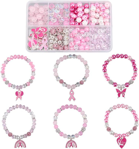 SUNNYCLUE 1 Box 6 Sets Pink Bracelet Making Kit Breast Cancer Awareness Bracelets Glass Beads Bow Heart October Ribbon Charms for Jewelry Making Kits Supplies Handmade Women Beginners Adults Starter