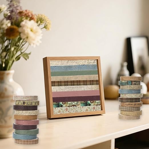 Washi Tape Set 20 Rolls Cute Vintage Washi Tape Decorative Tapes Adhesive Craft Washy Pattern Tapes for Scrapbooking Arts DIY Crafts Journal Planners Gift Wrapping Junk Journal Supplies, Vintage