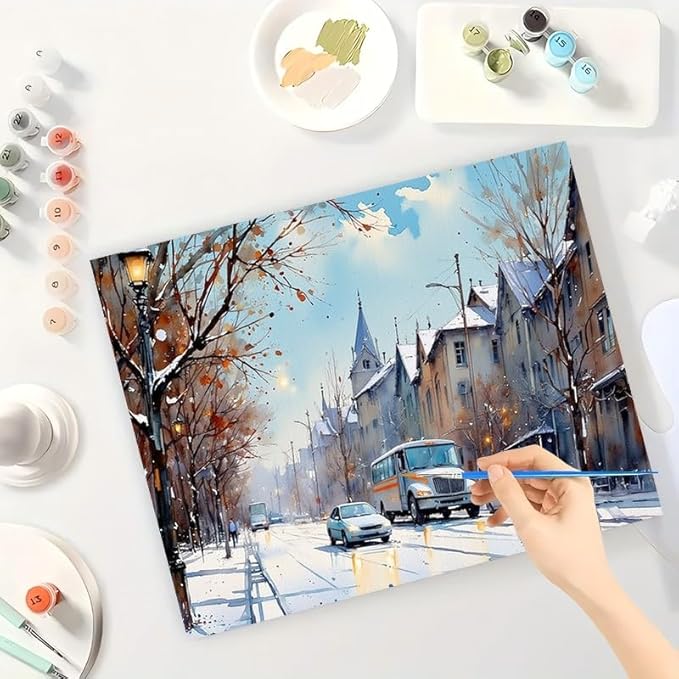 Winter Scene Paint by Numbers Kit for Adults - DIY Snowy City Street Painting on Canvas, Acrylic Paint Set, Suitable for Beginners, Urban Art for Home Decoration or Gifts.(8X12IN Framed)