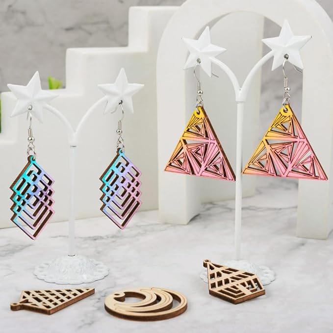 48pcs Wooden Earring Charms Unfinished Natural Wood Filigree Pendants in Round & Triangle & Rhombus & Kite & Tree Shape with Earring Hooks & Jump Rings for Boho Earring DIY Jewelry Making