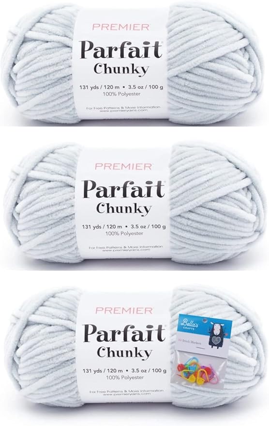 Premier Yarns Parfait Chunky Chenille Yarn 3.5 Oz 6 Super Bulky Weight 3 Pack Bundle with Bella's Stitch Place Holders (Pale Gray)