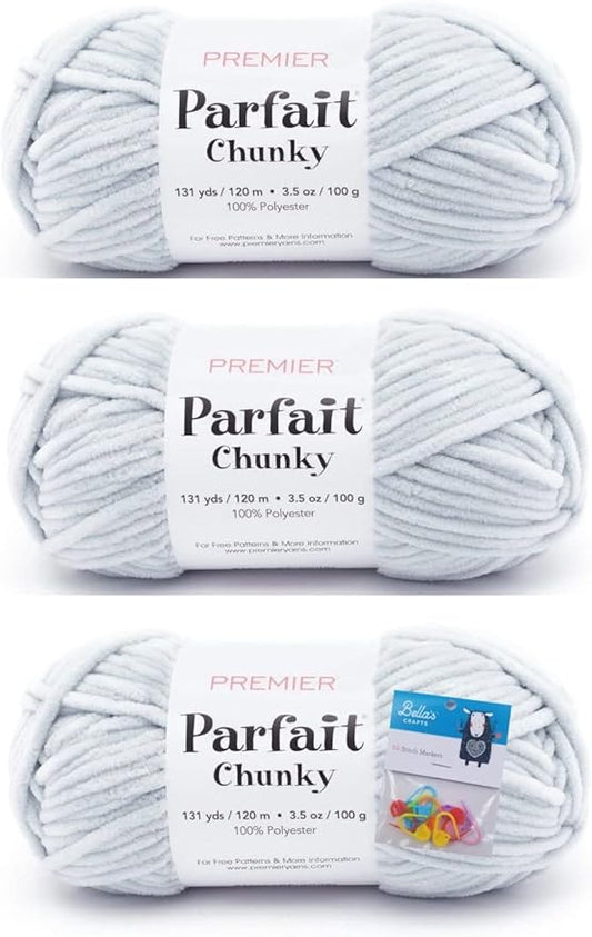 Premier Yarns Parfait Chunky Chenille Yarn 3.5 Oz 6 Super Bulky Weight 3 Pack Bundle with Bella's Stitch Place Holders (Pale Gray)