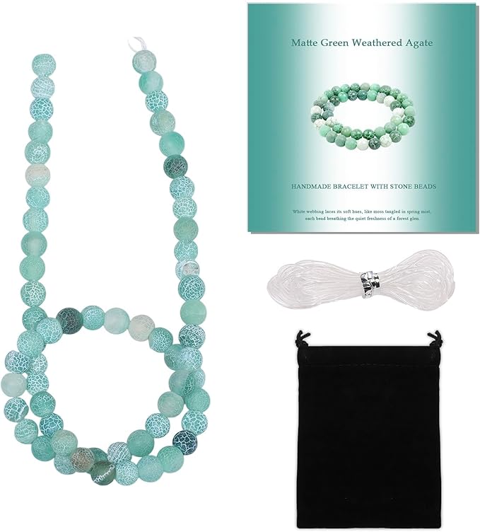 Stone Beads, 60pcs Matte Green Weathered Agate, 6mm Round Loose Beads for Jewelry Making, Bracelets, with Bag, String & Card