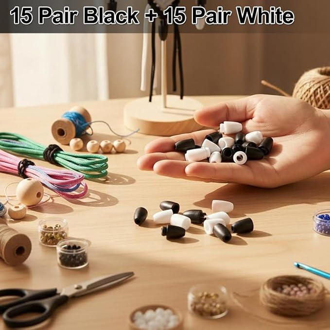 Ewparts Breakaway Clasp Black and White 30 Pcs with 2 Rolls Lanyard String Kit Safety Breakaway Clasps Beads Barrel Connectors for Lanyards with 2mm Nylon Cord for Necklace,Jewellry, id Badges,Keys